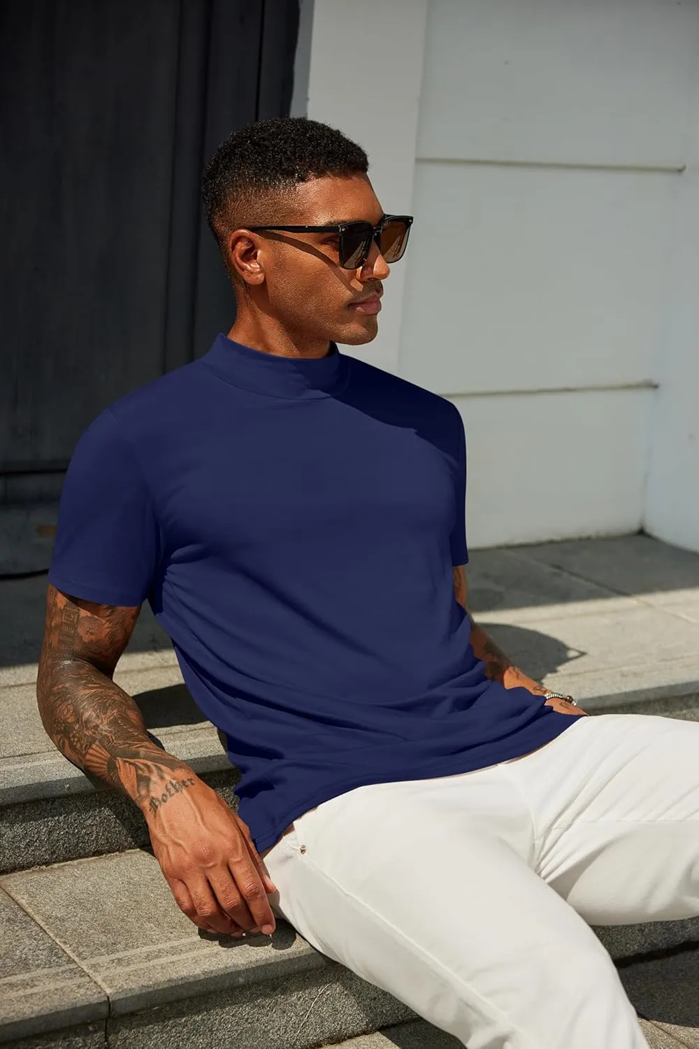 COOFANDY Men's Mock Turtleneck T Shirt Short Sleeve Slim Fit Basic Casual Undershirt Solid Color Pullover Tee