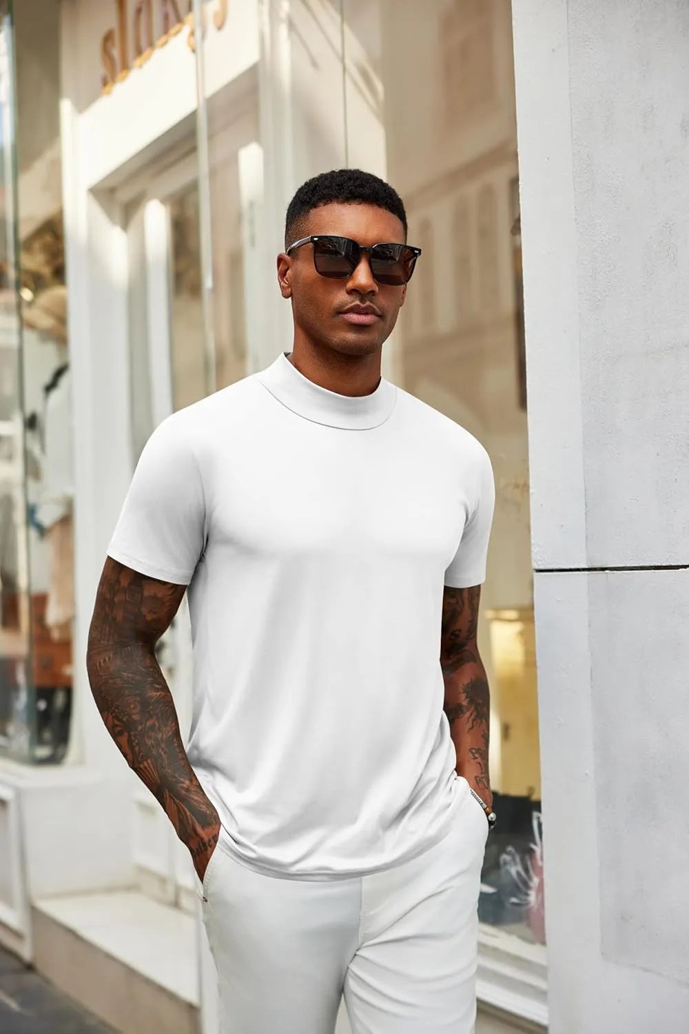 COOFANDY Men's Mock Turtleneck T Shirt Short Sleeve Slim Fit Basic Casual Undershirt Solid Color Pullover Tee