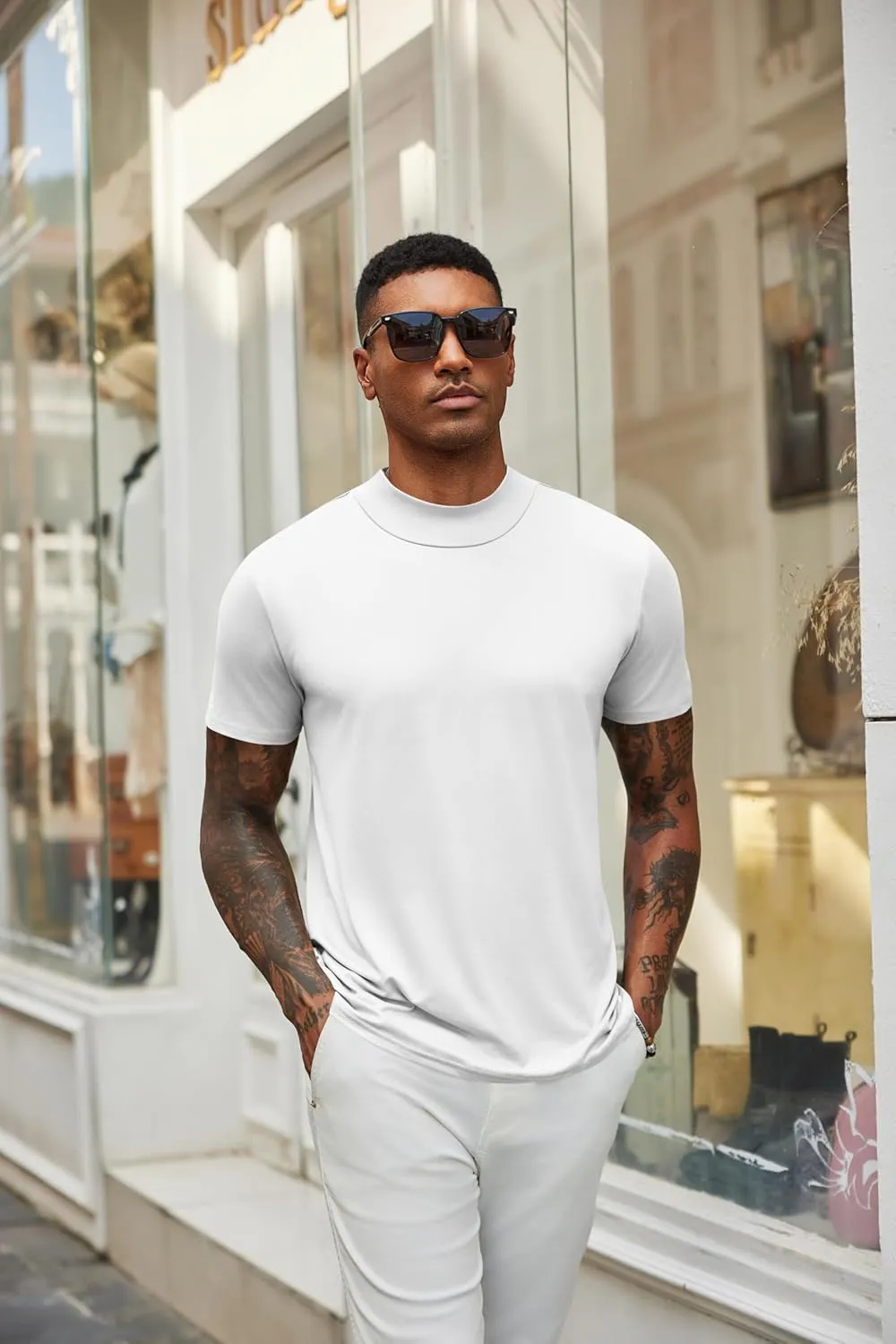 COOFANDY Men's Mock Turtleneck T Shirt Short Sleeve Slim Fit Basic Casual Undershirt Solid Color Pullover Tee