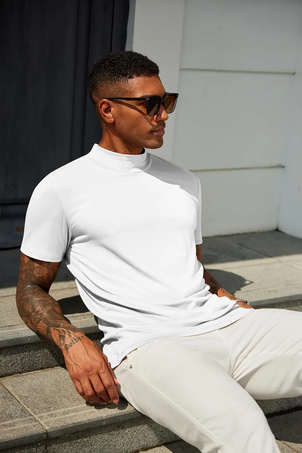 COOFANDY Men's Mock Turtleneck T Shirt Short Sleeve Slim Fit Basic Casual Undershirt Solid Color Pullover Tee