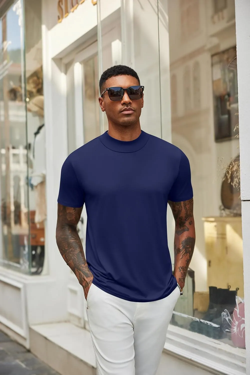 COOFANDY Men's Mock Turtleneck T Shirt Short Sleeve Slim Fit Basic Casual Undershirt Solid Color Pullover Tee