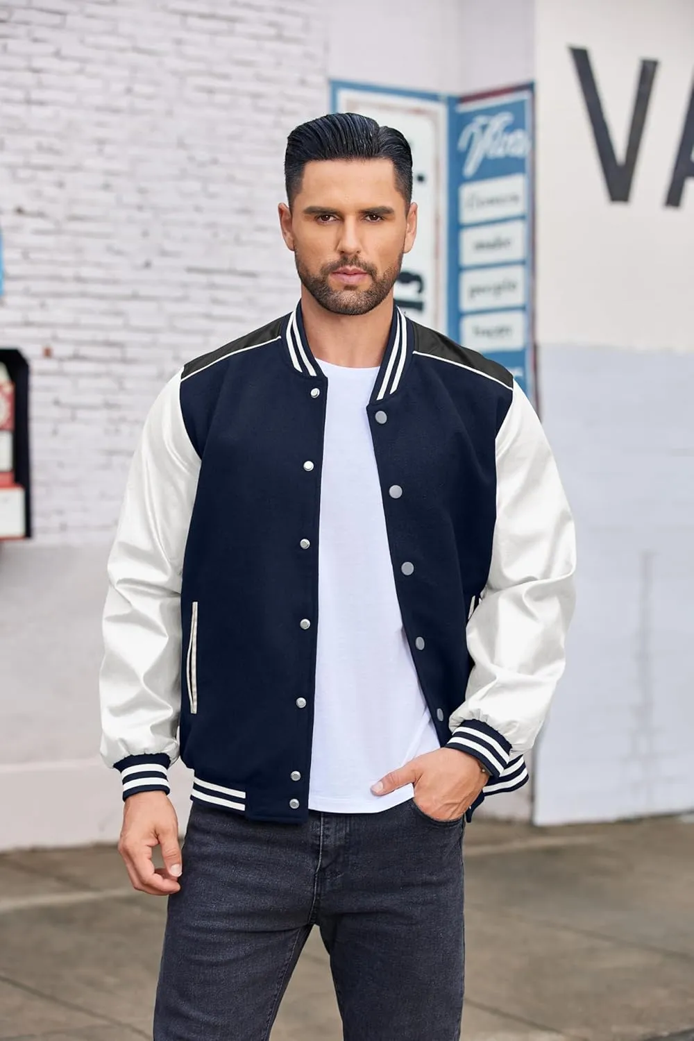 COOFANDY Mens Varsity Jacket Casual Leather Sleeve Baseball Letterman Bomber Jacket Coat