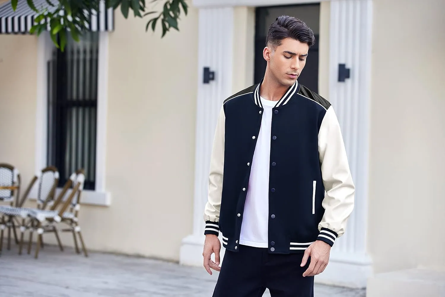 COOFANDY Mens Varsity Jacket Casual Leather Sleeve Baseball Letterman Bomber Jacket Coat