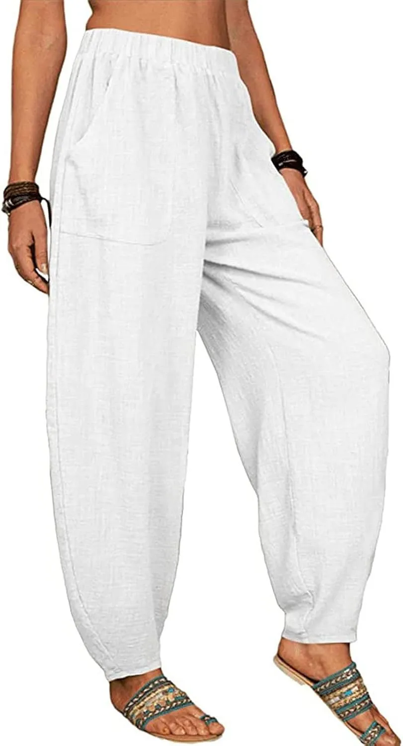 Cotton and Linen Baggy Pants for Women Dressy Casual Summer Casual Loose Comfy Solid Long Pant Trousers with Pockets
