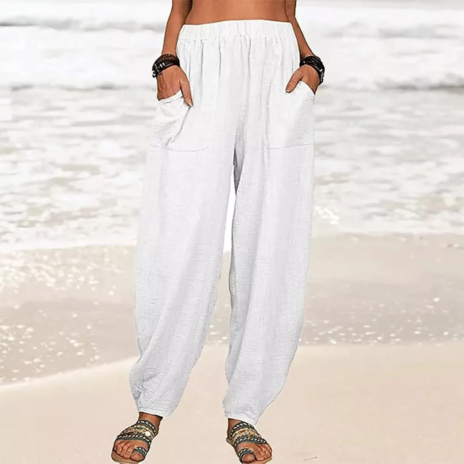 Cotton and Linen Baggy Pants for Women Dressy Casual Summer Casual Loose Comfy Solid Long Pant Trousers with Pockets