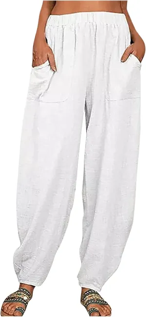 Cotton and Linen Baggy Pants for Women Dressy Casual Summer Casual Loose Comfy Solid Long Pant Trousers with Pockets