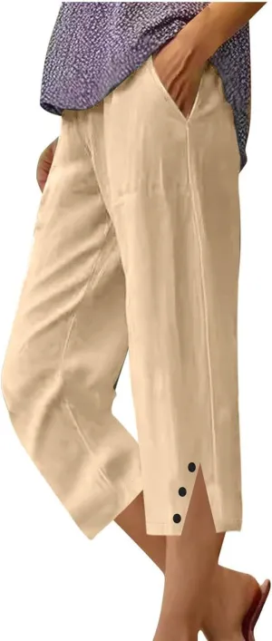 Cotton Linen Cropped Pants for Women 2025 Summer Casual Elastic Waisted Straight Leg Drawstring Trouser with Pockets