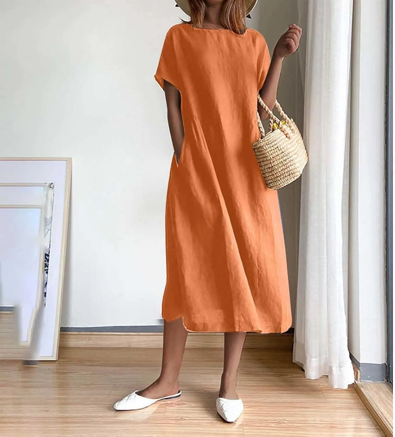 Cotton Linen Dresses for Women 2025 Short Sleeve Midi Beach Dress Flowy Summer Dresses Vacation Shirt Dress with Pocket
