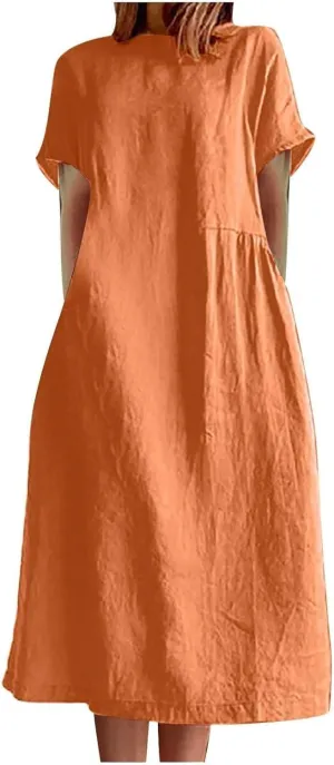 Cotton Linen Dresses for Women 2025 Short Sleeve Midi Beach Dress Flowy Summer Dresses Vacation Shirt Dress with Pocket