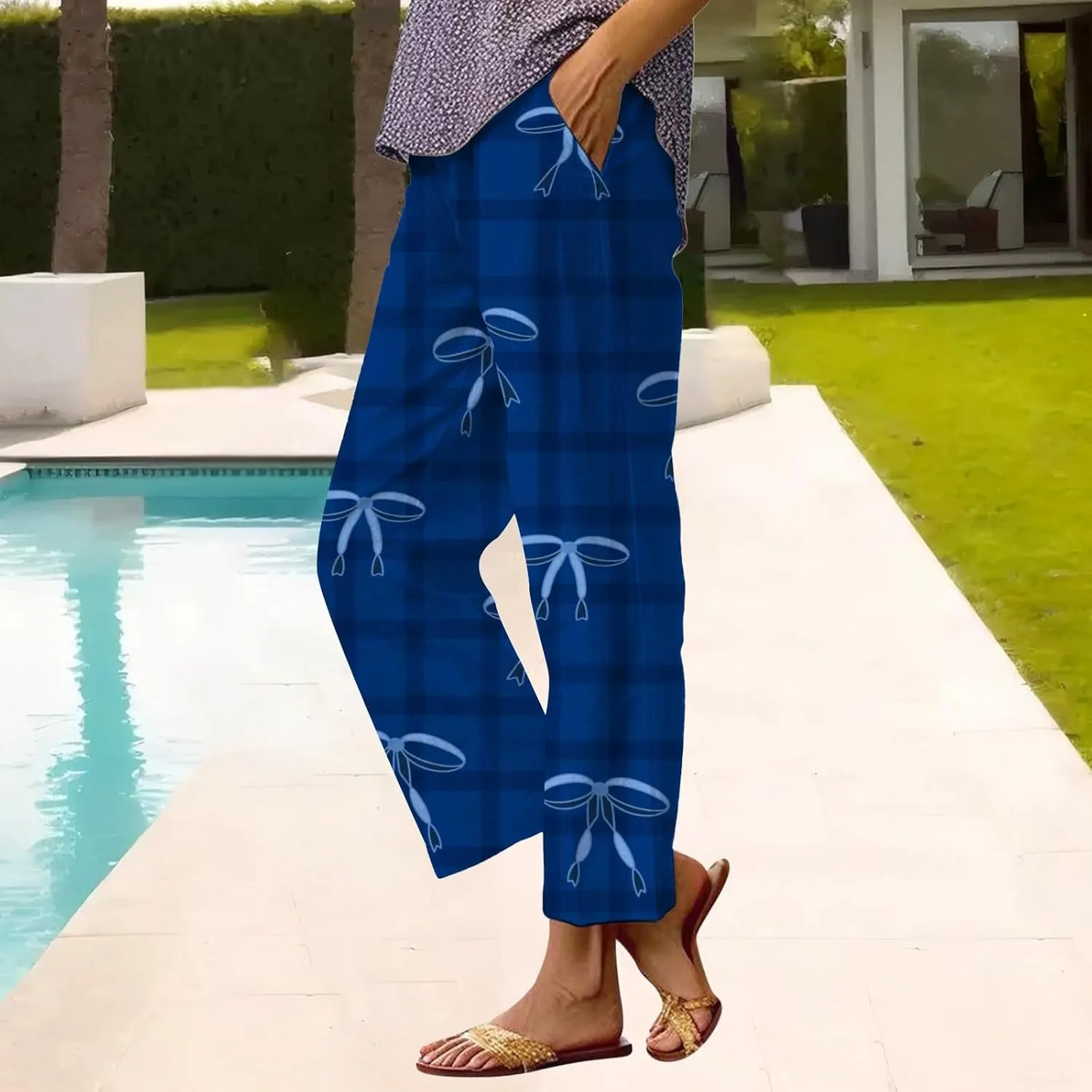 Cotton Linen Pants for Women Summer Retro Floral Cropped Elastic Waist Wide Leg Boho Beach Trouser with Pockets