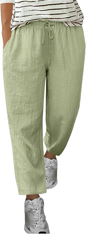 Cotton Linen Straight Leg Pants Women Summer Loose Fit Drawstring Elastic Waist Trouser Resort Casual Beach Pant Plus