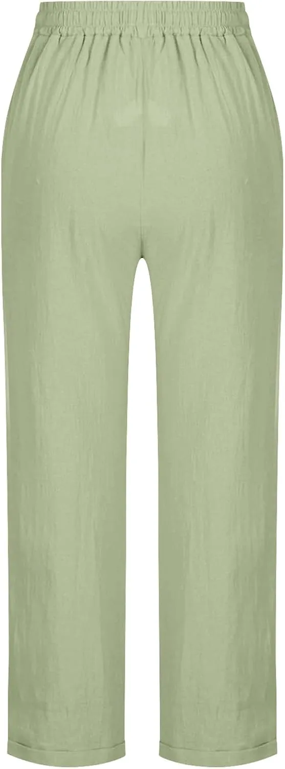 Cotton Linen Straight Leg Pants Women Summer Loose Fit Drawstring Elastic Waist Trouser Resort Casual Beach Pant Plus
