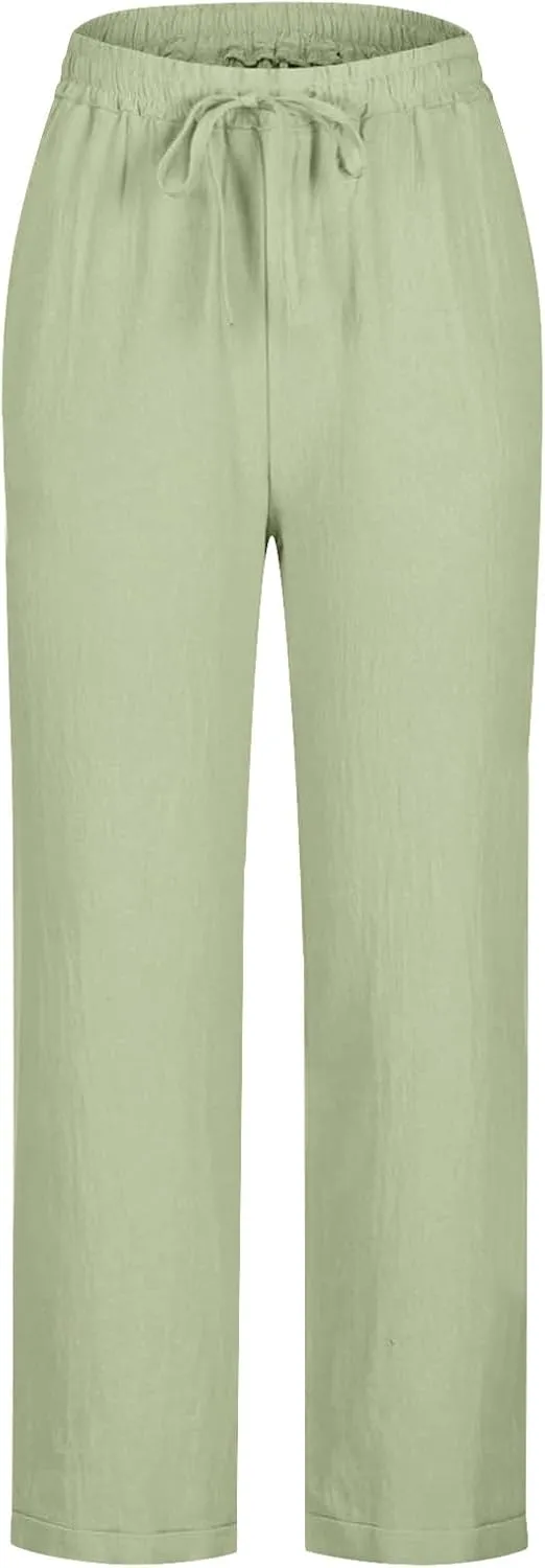 Cotton Linen Straight Leg Pants Women Summer Loose Fit Drawstring Elastic Waist Trouser Resort Casual Beach Pant Plus