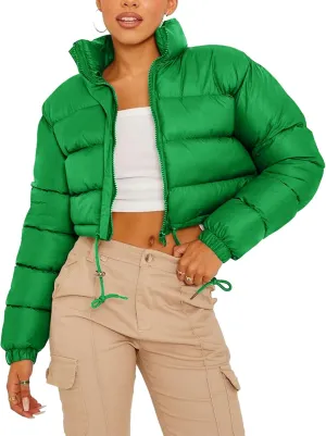 COZYPOIN Women Quilted Down Jacket Stand Collar Long Sleeve Zipper Cropped Puffer Jacket Coat