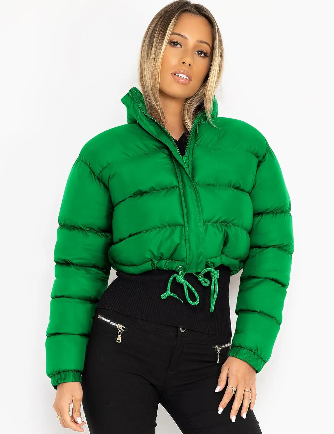 COZYPOIN Women Quilted Down Jacket Stand Collar Long Sleeve Zipper Cropped Puffer Jacket Coat