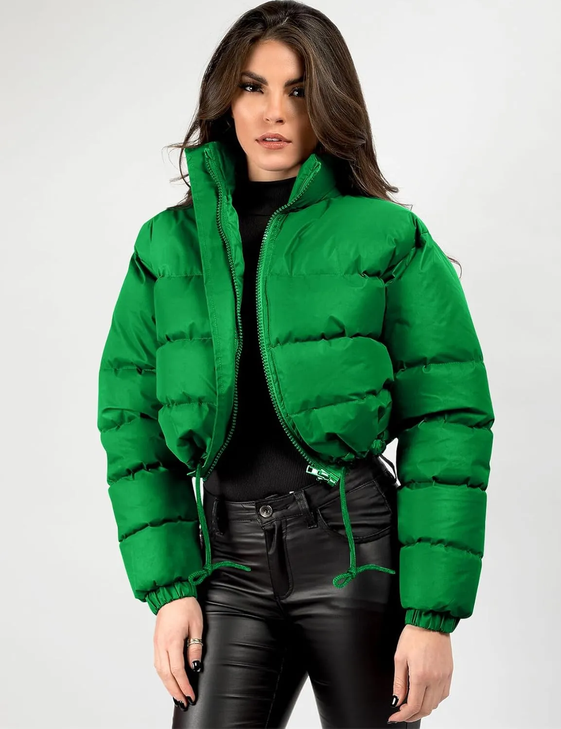 COZYPOIN Women Quilted Down Jacket Stand Collar Long Sleeve Zipper Cropped Puffer Jacket Coat