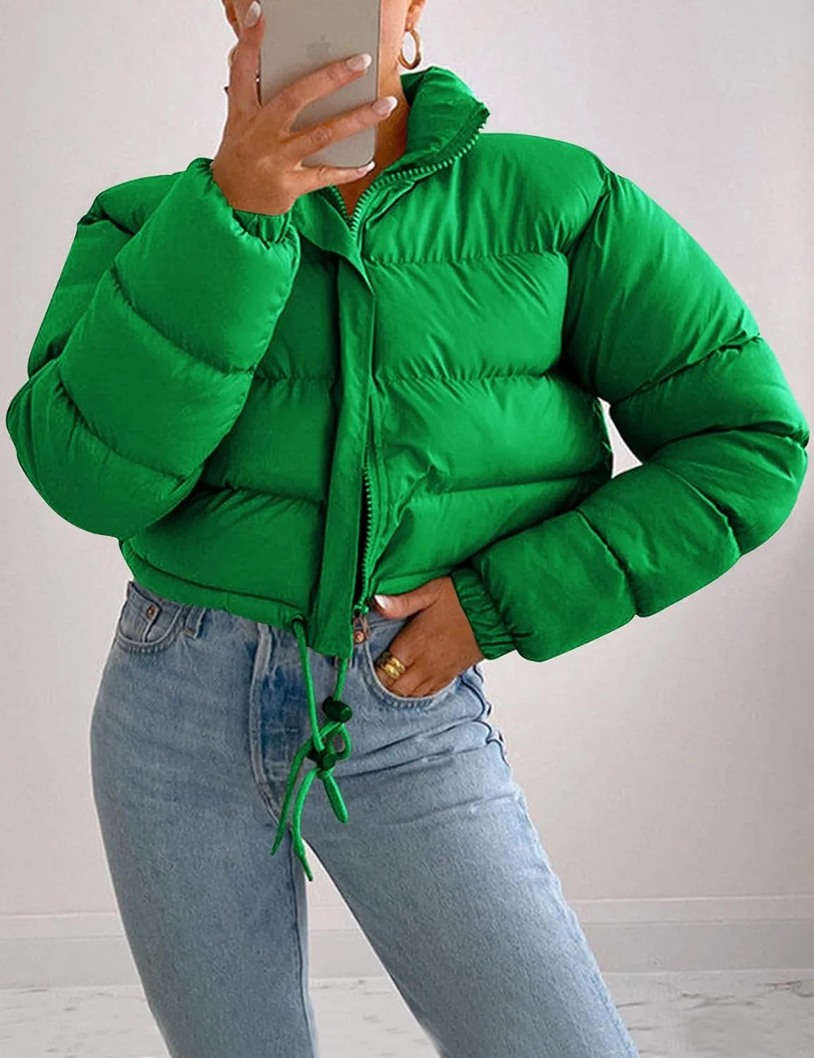 COZYPOIN Women Quilted Down Jacket Stand Collar Long Sleeve Zipper Cropped Puffer Jacket Coat