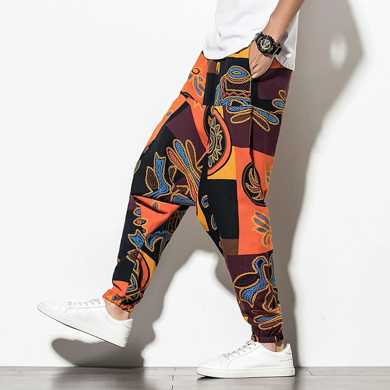 CRNTCEM Mens Printed Harem Pants Straigth Leg Cotton Drop Crotch Atheltic Yoga Trouser Baggy Boho Hippie Pants