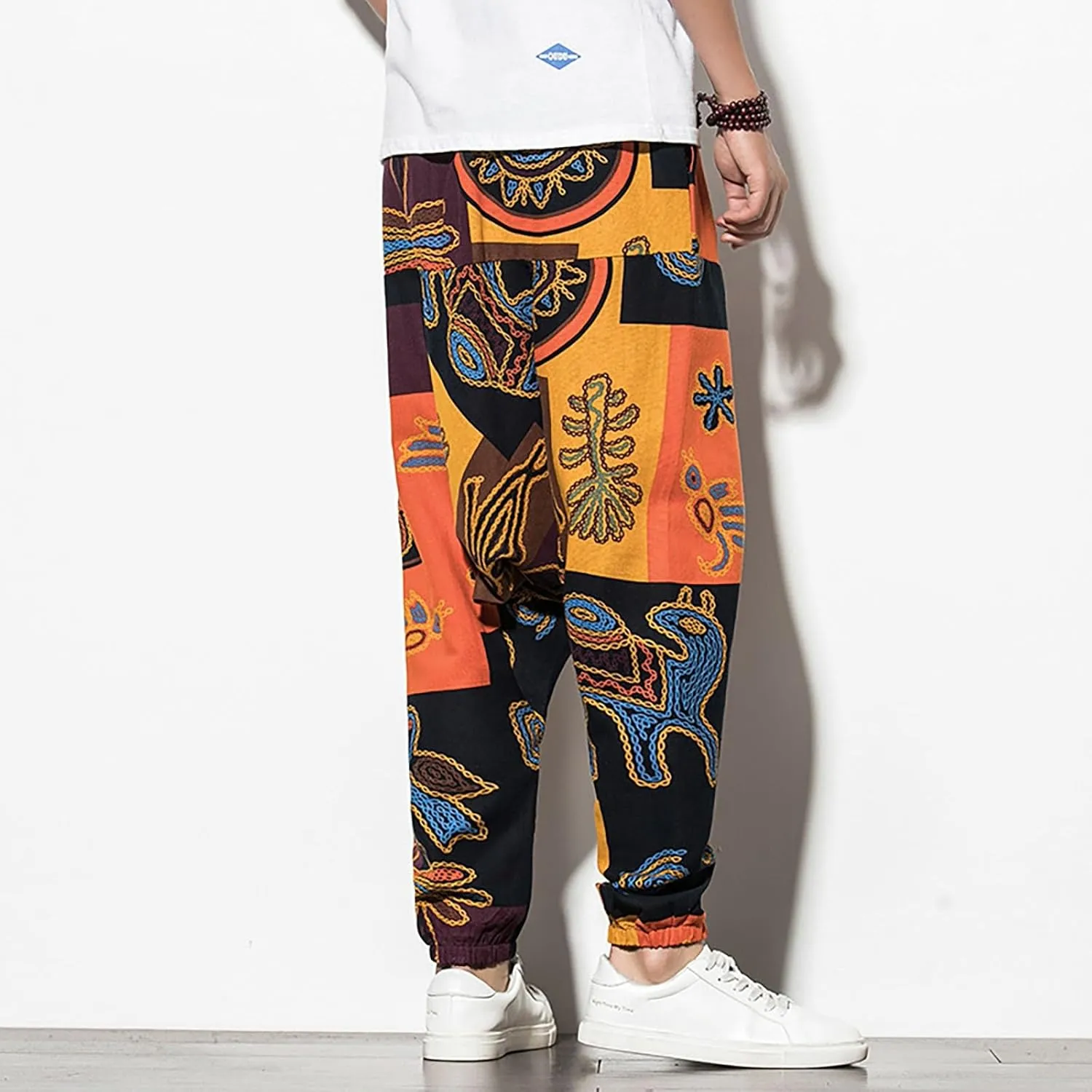 CRNTCEM Mens Printed Harem Pants Straigth Leg Cotton Drop Crotch Atheltic Yoga Trouser Baggy Boho Hippie Pants