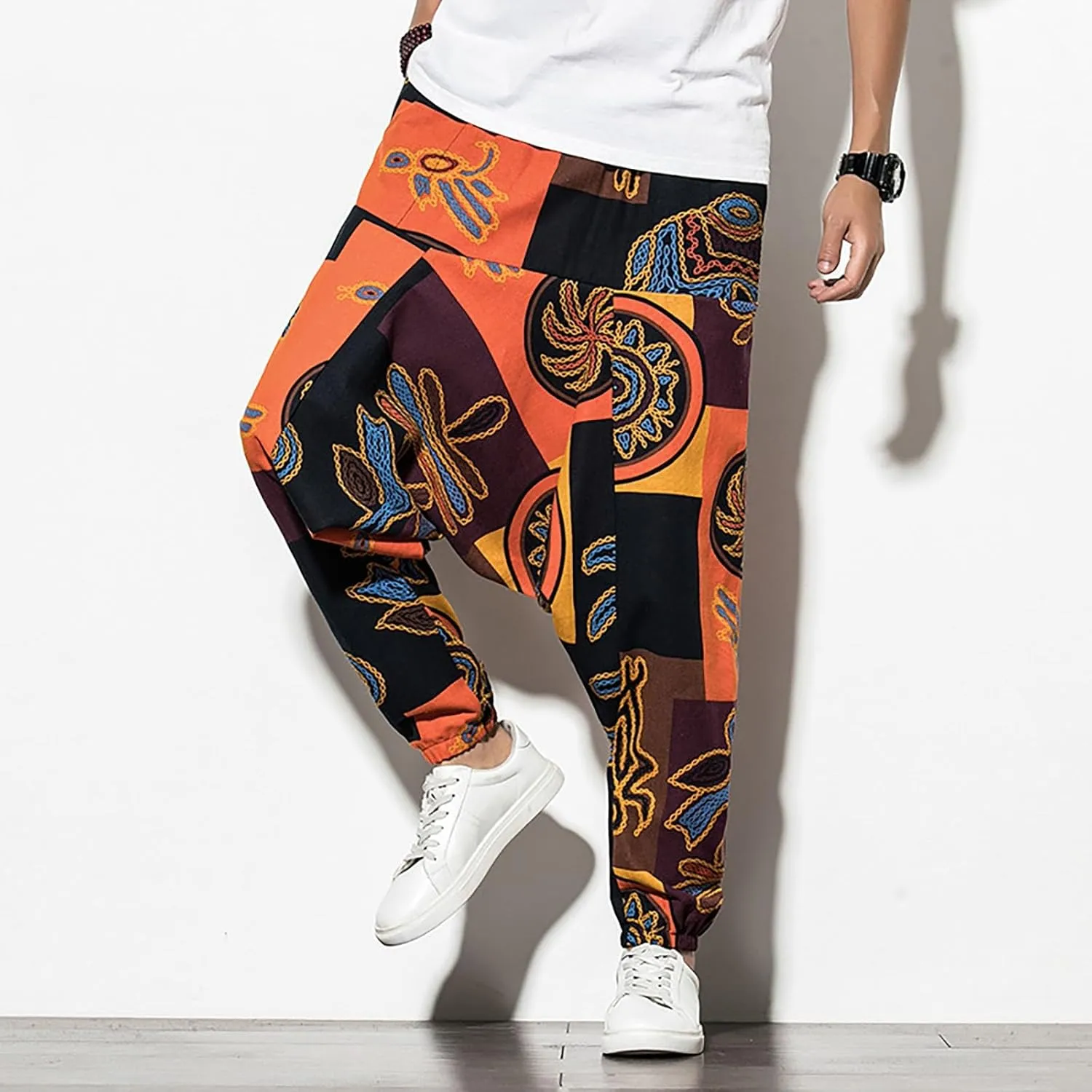 CRNTCEM Mens Printed Harem Pants Straigth Leg Cotton Drop Crotch Atheltic Yoga Trouser Baggy Boho Hippie Pants