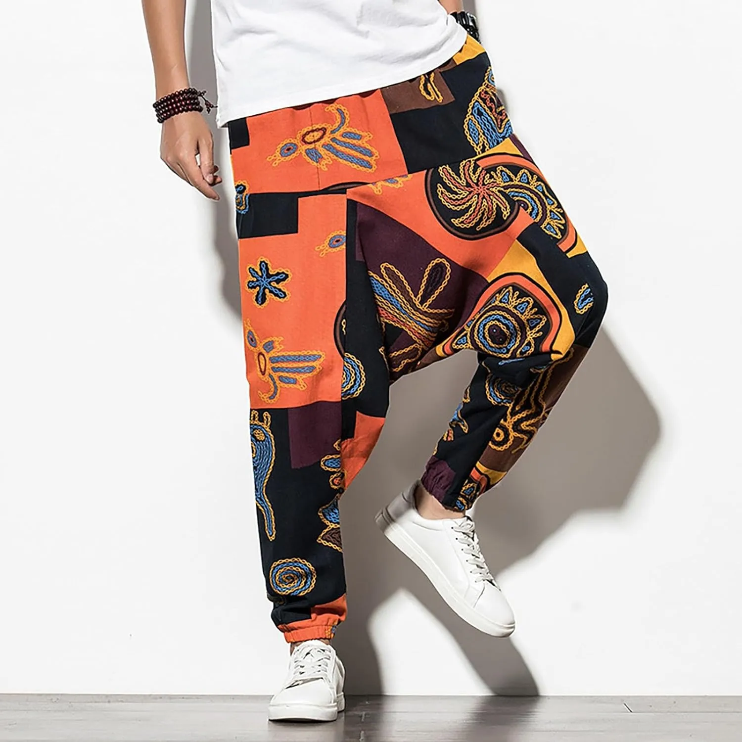 CRNTCEM Mens Printed Harem Pants Straigth Leg Cotton Drop Crotch Atheltic Yoga Trouser Baggy Boho Hippie Pants
