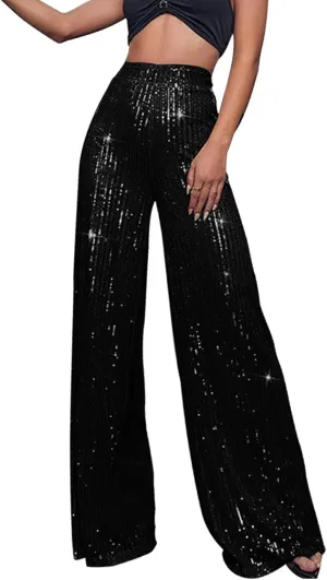 CRNTCEM Women Sparkle Wide Leg Pants Comfy Disco Themed Party Clubwear Vintage Y2K Pants High Wasit Straight Trousers