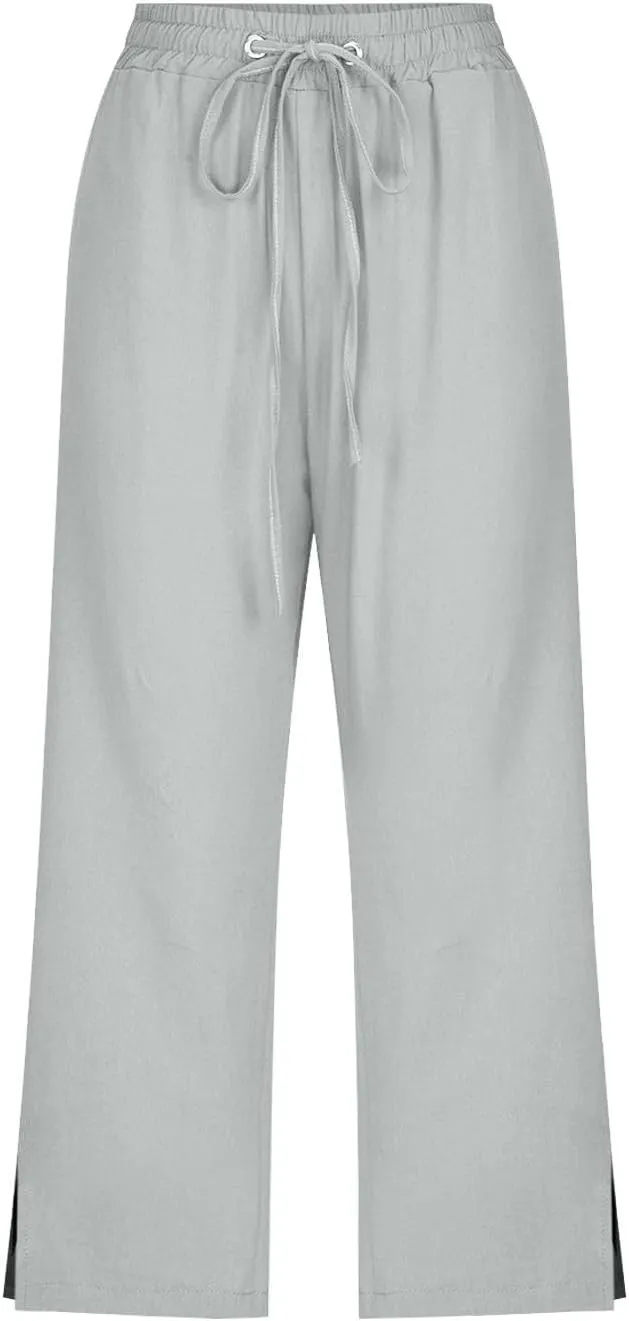 Cropped Linen Pants Women Loose Drawstring Elastic Waist Palazzo Lounge Long Trousers Summer Beach Vacation Pants
