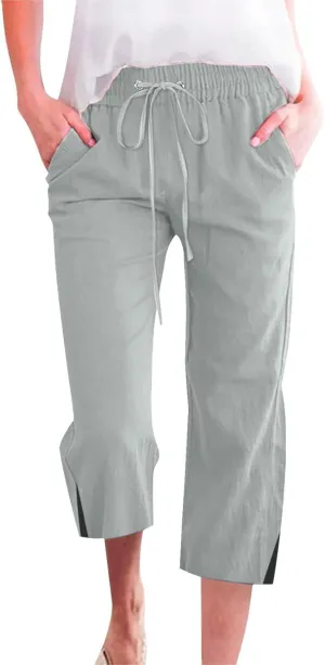 Cropped Linen Pants Women Loose Drawstring Elastic Waist Palazzo Lounge Long Trousers Summer Beach Vacation Pants