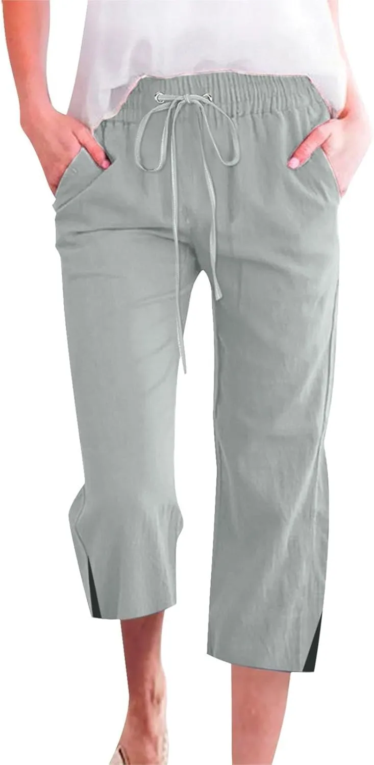 Cropped Linen Pants Women Loose Drawstring Elastic Waist Palazzo Lounge Long Trousers Summer Beach Vacation Pants