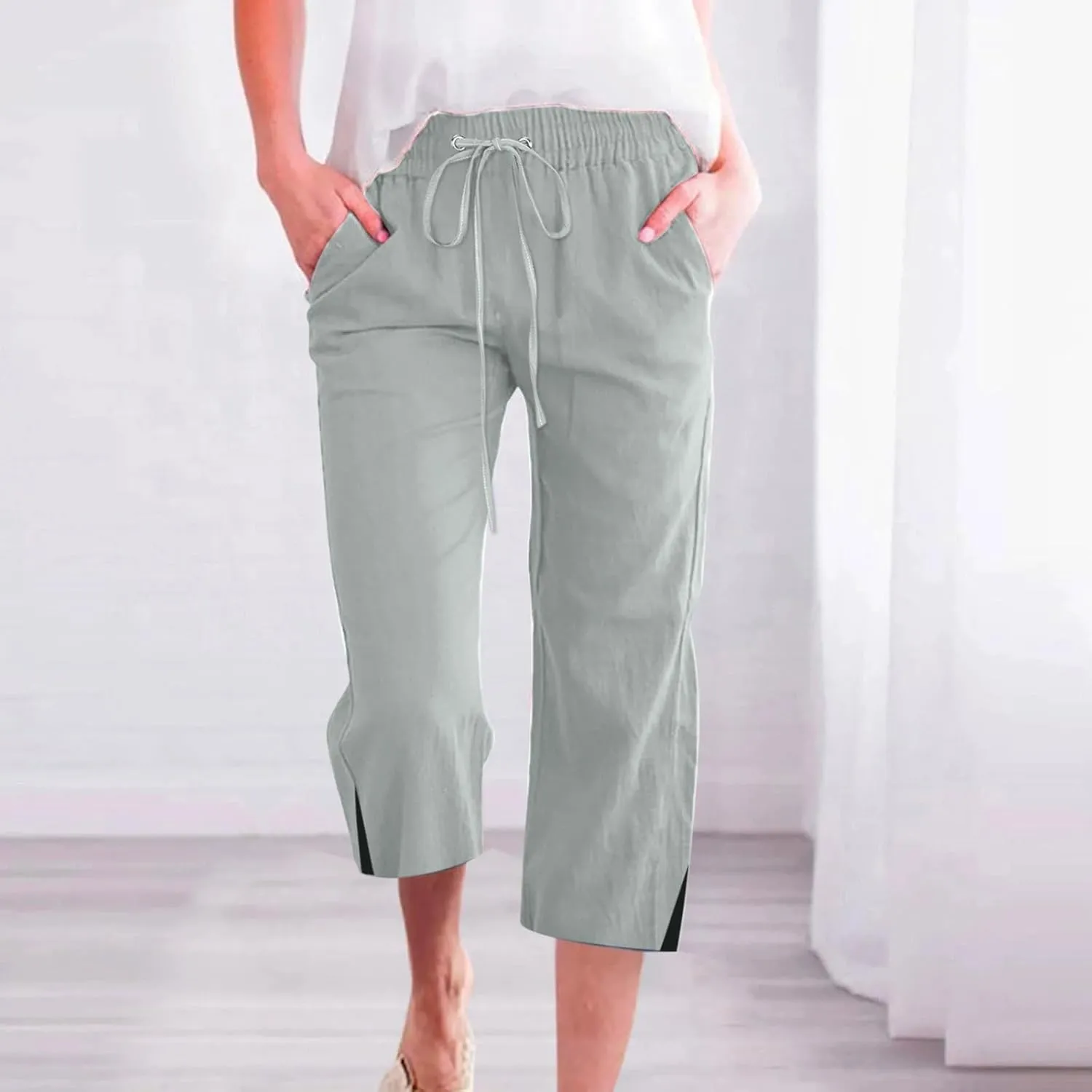 Cropped Linen Pants Women Loose Drawstring Elastic Waist Palazzo Lounge Long Trousers Summer Beach Vacation Pants