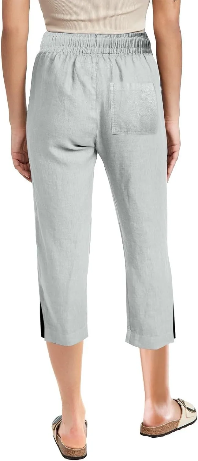 Cropped Linen Pants Women Loose Drawstring Elastic Waist Palazzo Lounge Long Trousers Summer Beach Vacation Pants