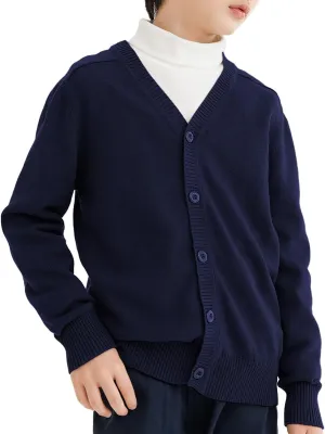 CUNYI Boys' Button-up Cardigan with Elbow Patches V-Neck Cotton Knit Sweater Casual Outerwear