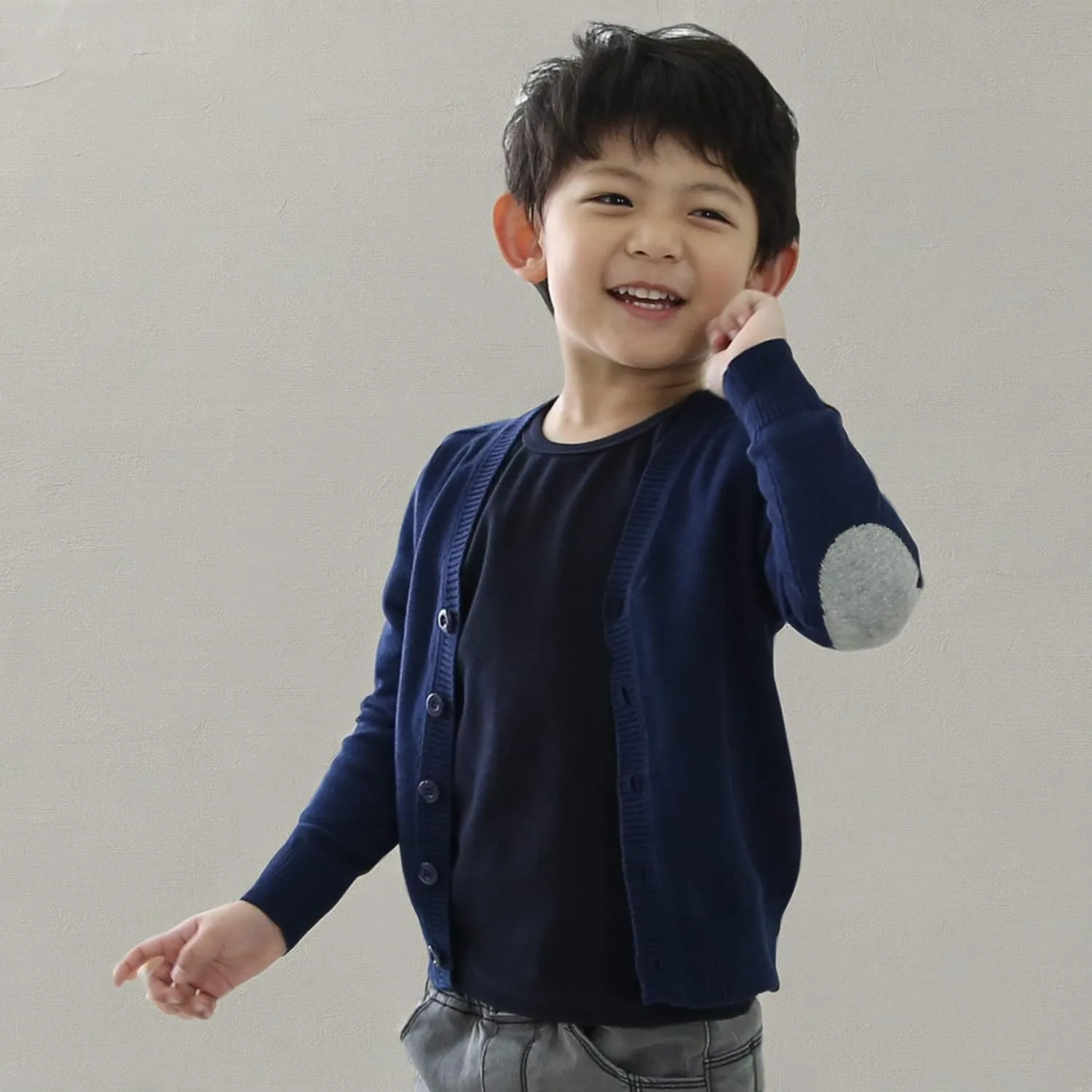 CUNYI Boys' Button-up Cardigan with Elbow Patches V-Neck Cotton Knit Sweater Casual Outerwear