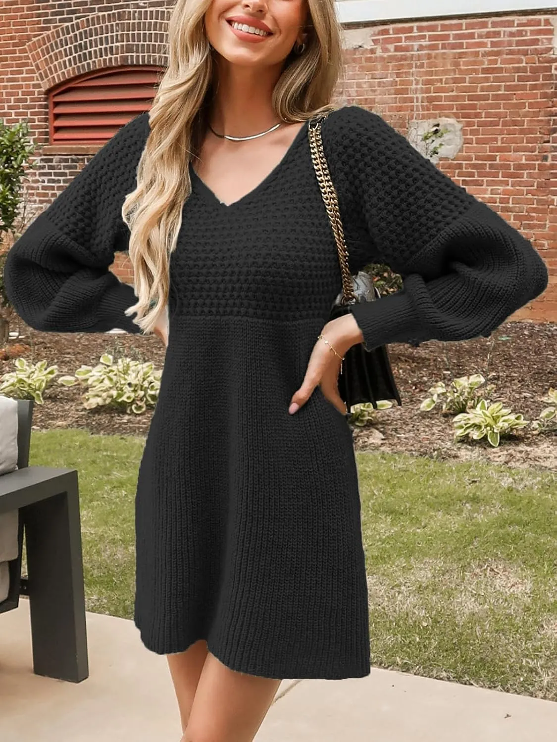 CUPSHE Women's Sweater Dress V Neck Honeycomb Long Sleeve Textured Fall Casual Knit Pullover Dresses