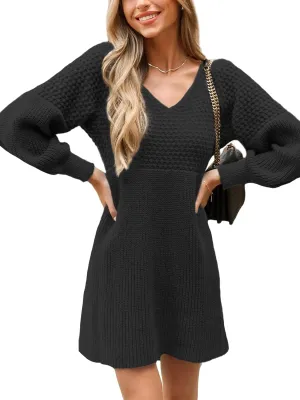 CUPSHE Women's Sweater Dress V Neck Honeycomb Long Sleeve Textured Fall Casual Knit Pullover Dresses