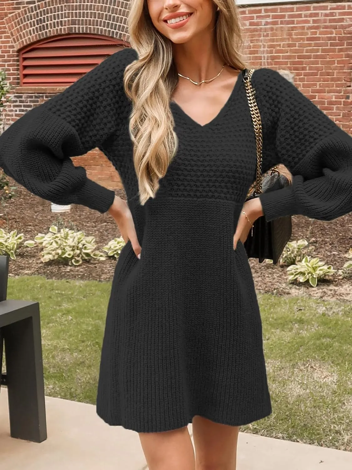 CUPSHE Women's Sweater Dress V Neck Honeycomb Long Sleeve Textured Fall Casual Knit Pullover Dresses