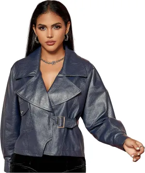 D&M D&MWomen's Oversized Leather Jacket Faux Casual Metal Buckle Fashionable Bomber Motorcycle Jacket with Pockets XS-XXL