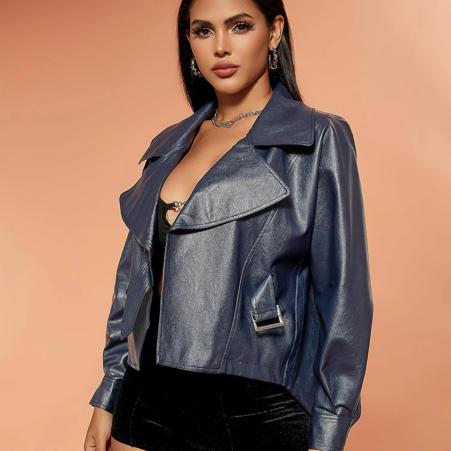D&M D&MWomen's Oversized Leather Jacket Faux Casual Metal Buckle Fashionable Bomber Motorcycle Jacket with Pockets XS-XXL