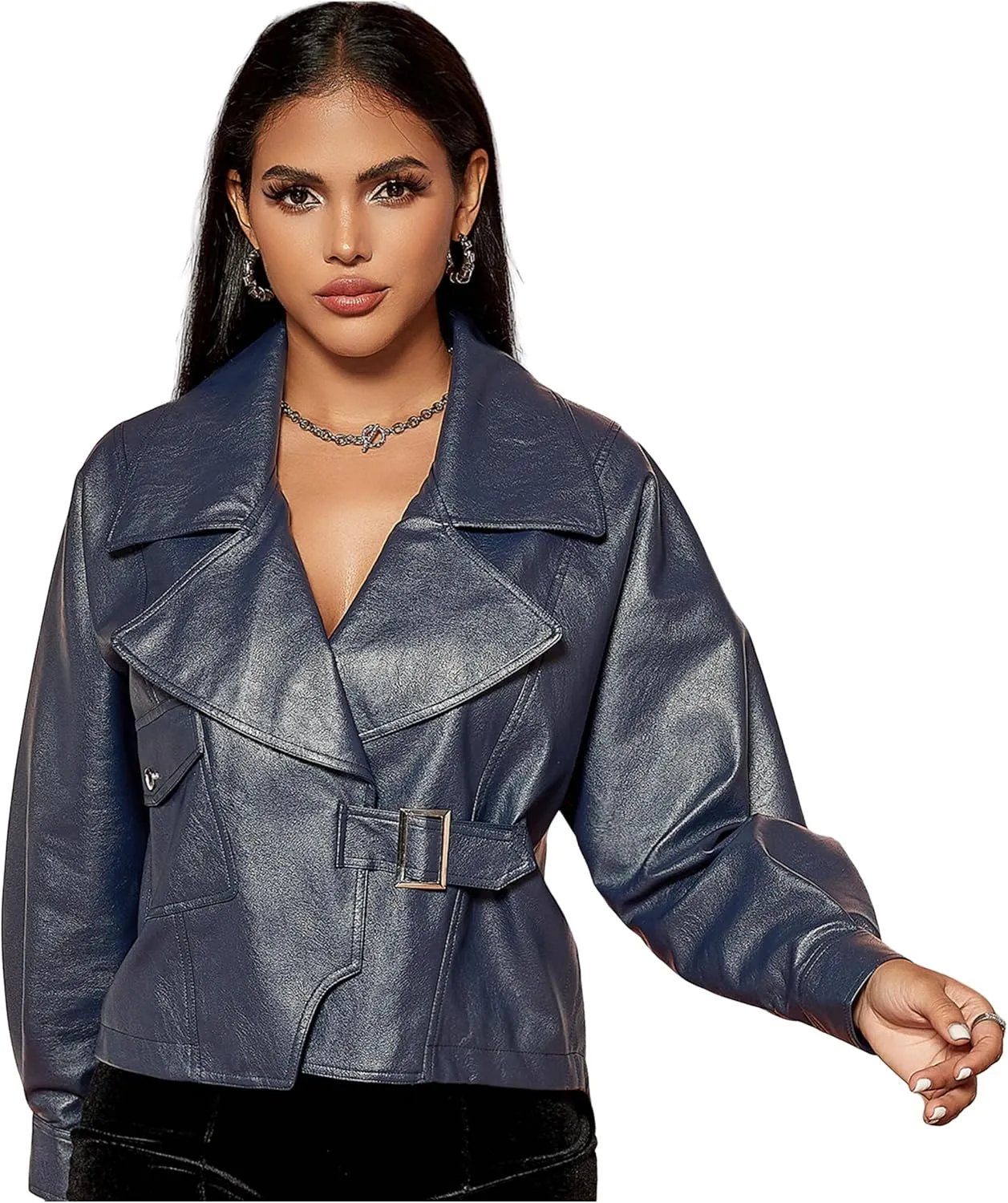 D&M D&MWomen's Oversized Leather Jacket Faux Casual Metal Buckle Fashionable Bomber Motorcycle Jacket with Pockets XS-XXL