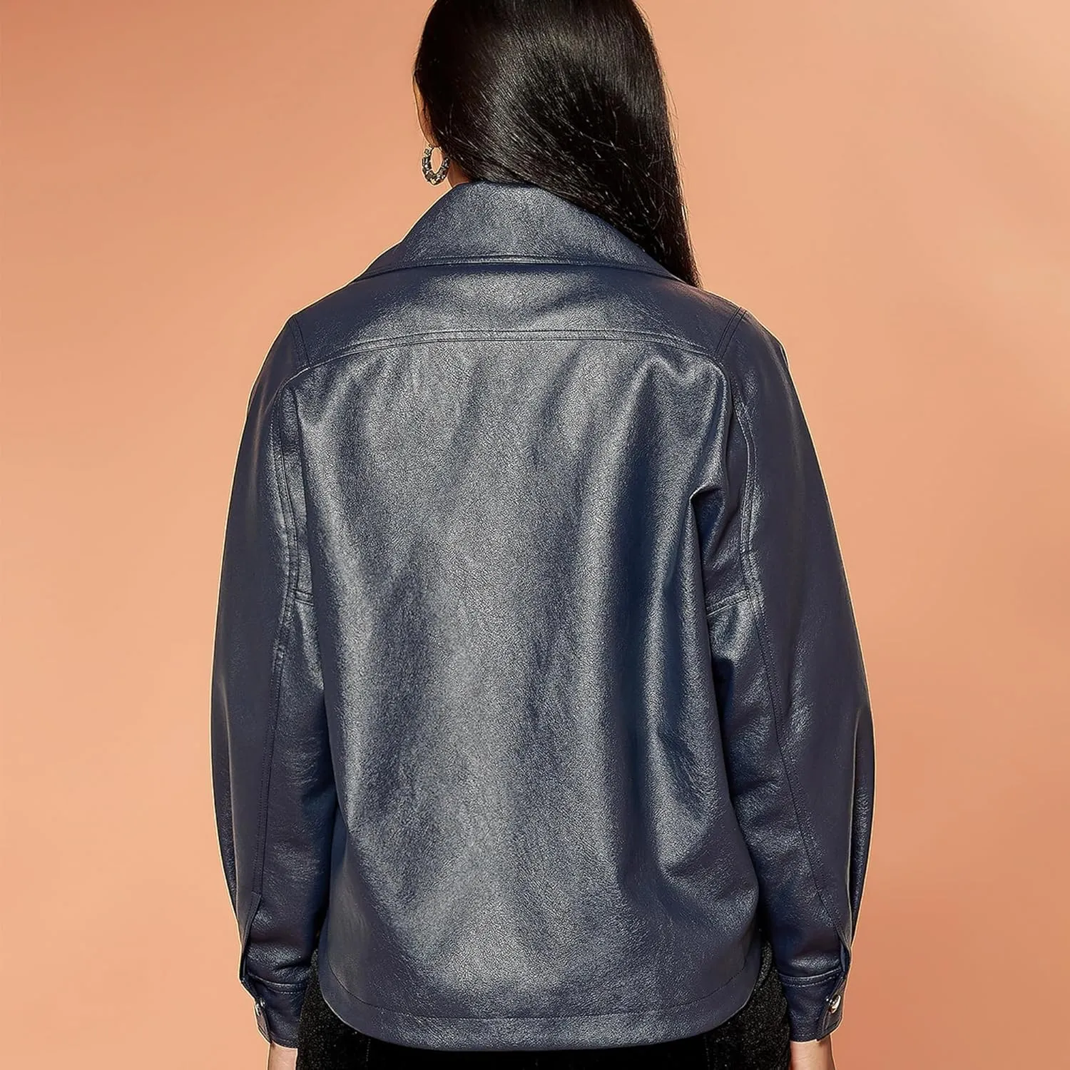 D&M D&MWomen's Oversized Leather Jacket Faux Casual Metal Buckle Fashionable Bomber Motorcycle Jacket with Pockets XS-XXL