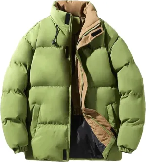 Disimlarl Men Patchwork Thicken Coat Stand Collar Parka Down Coat Street Zip Up Cotton-Padded Jacket