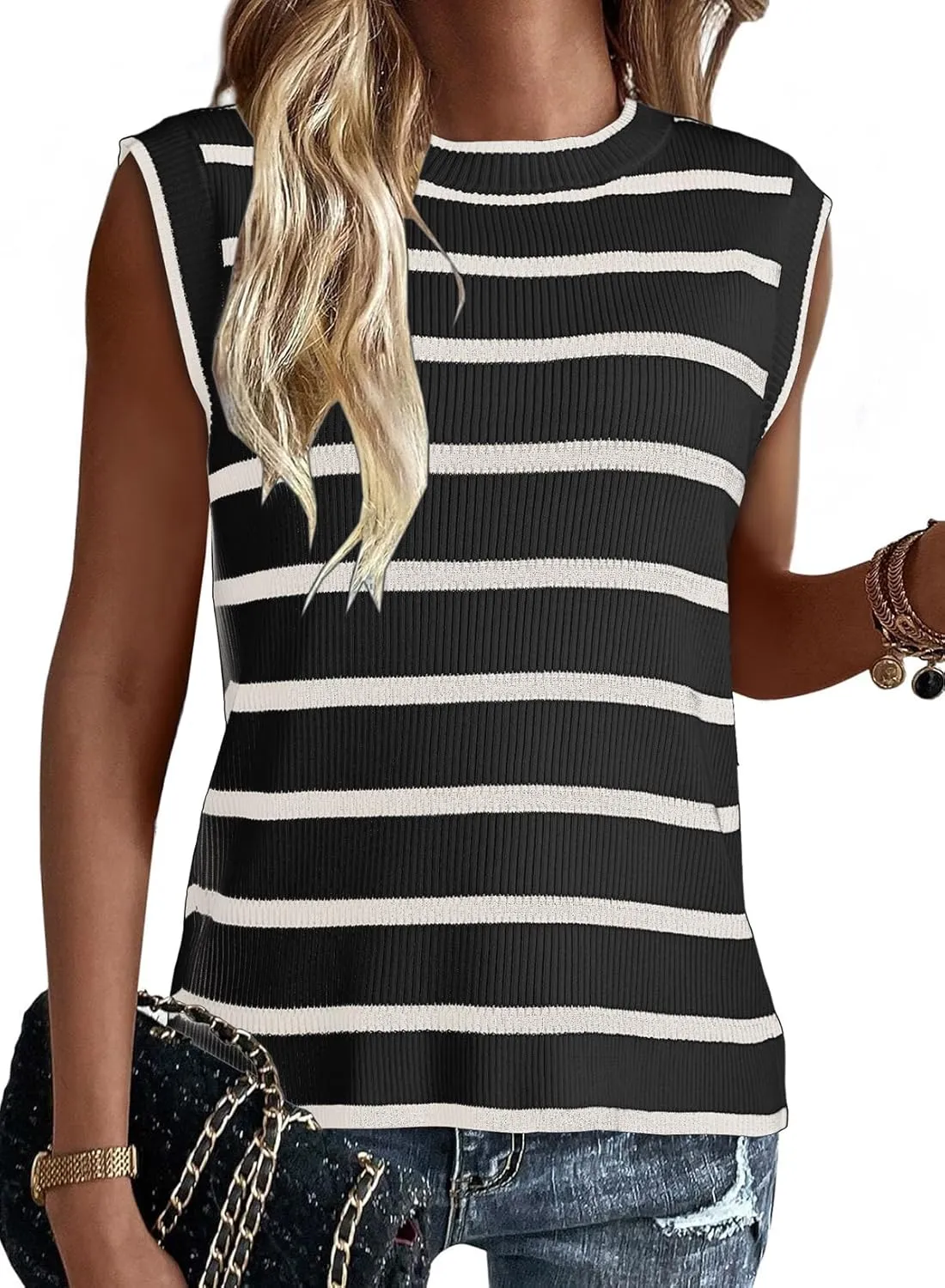Dokotoo Tank Top for Women 2025 Striped Casual Crewneck Sleeveless Lightweight Sweater Vest Knit Summer Clothes