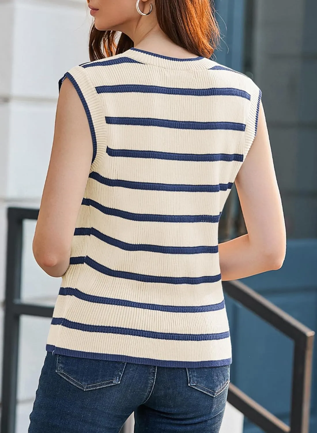 Dokotoo Tank Top for Women 2025 Striped Casual Crewneck Sleeveless Lightweight Sweater Vest Knit Summer Clothes