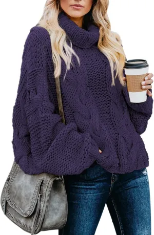 Dokotoo Womens 2024 Winter Fall Solid Turtleneck High Neck Balloon Long Sleeve Sweaters Pullover Outerwear