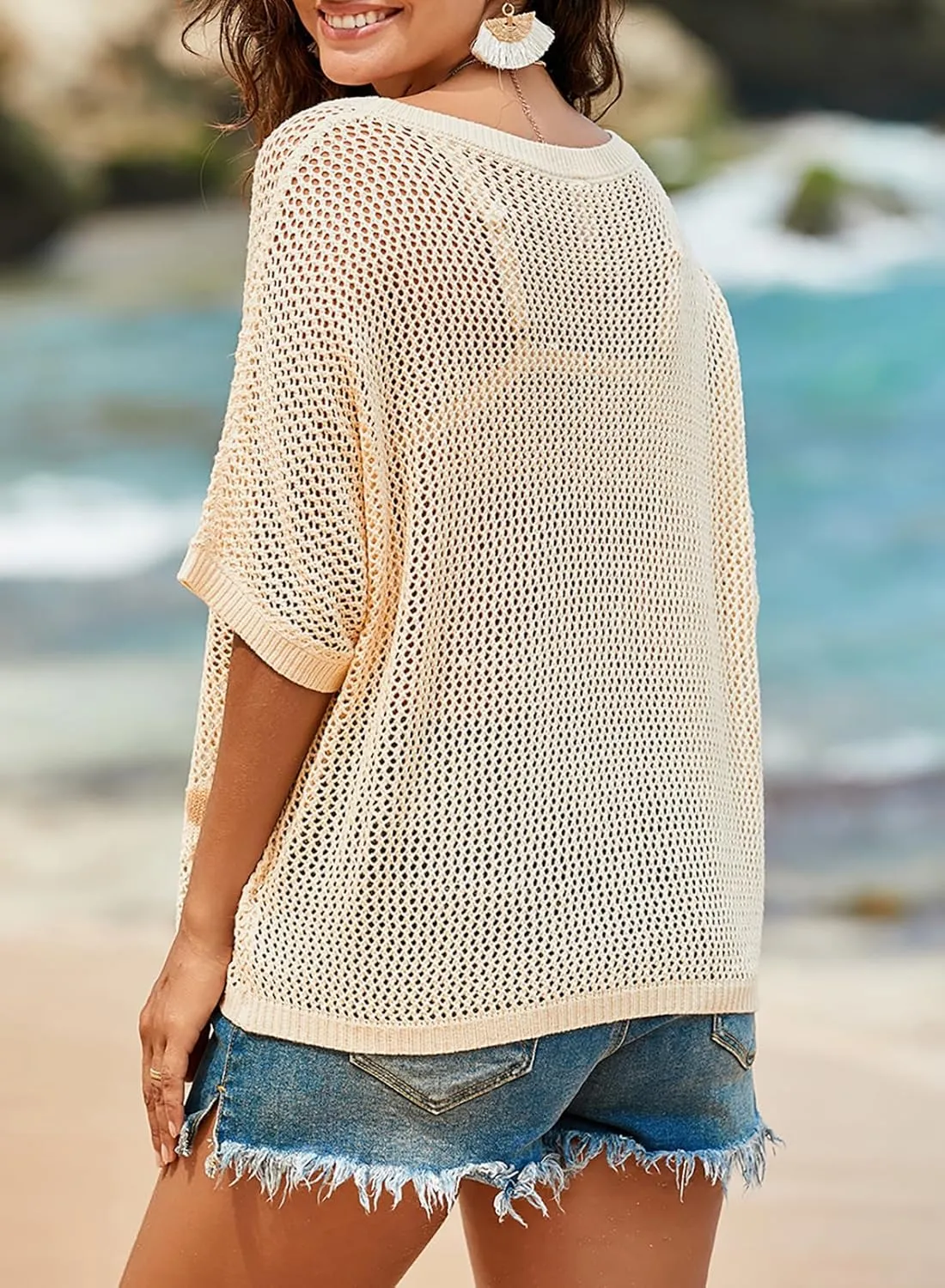Dokotoo Womens Floral Fashion Summer Tops 2025 Short Sleeve Crochet Sweaters Swimsuit Cover Ups Lightweight Knit Pullover