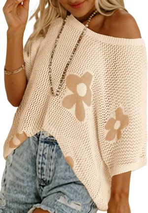 Dokotoo Womens Floral Fashion Summer Tops 2025 Short Sleeve Crochet Sweaters Swimsuit Cover Ups Lightweight Knit Pullover