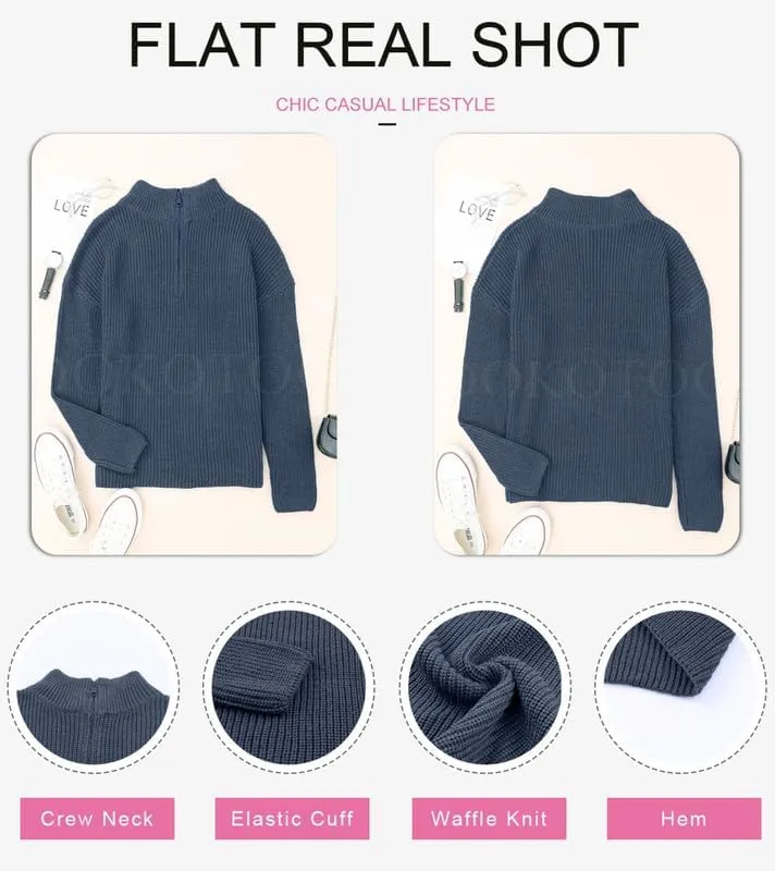 Dokotoo Womens Sweaters Long Sleeve 1/4 Zip Pullover Polo V Neck Dressy Casual Tops
