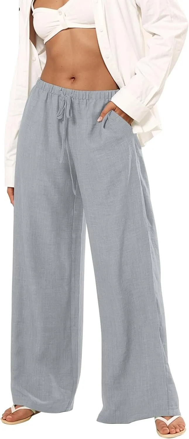 Dress Pants Women Flowy Trousers, Plus Size Pants for Curvy Women Wide Leg Summer Cargo Cotton Linen High Waisted