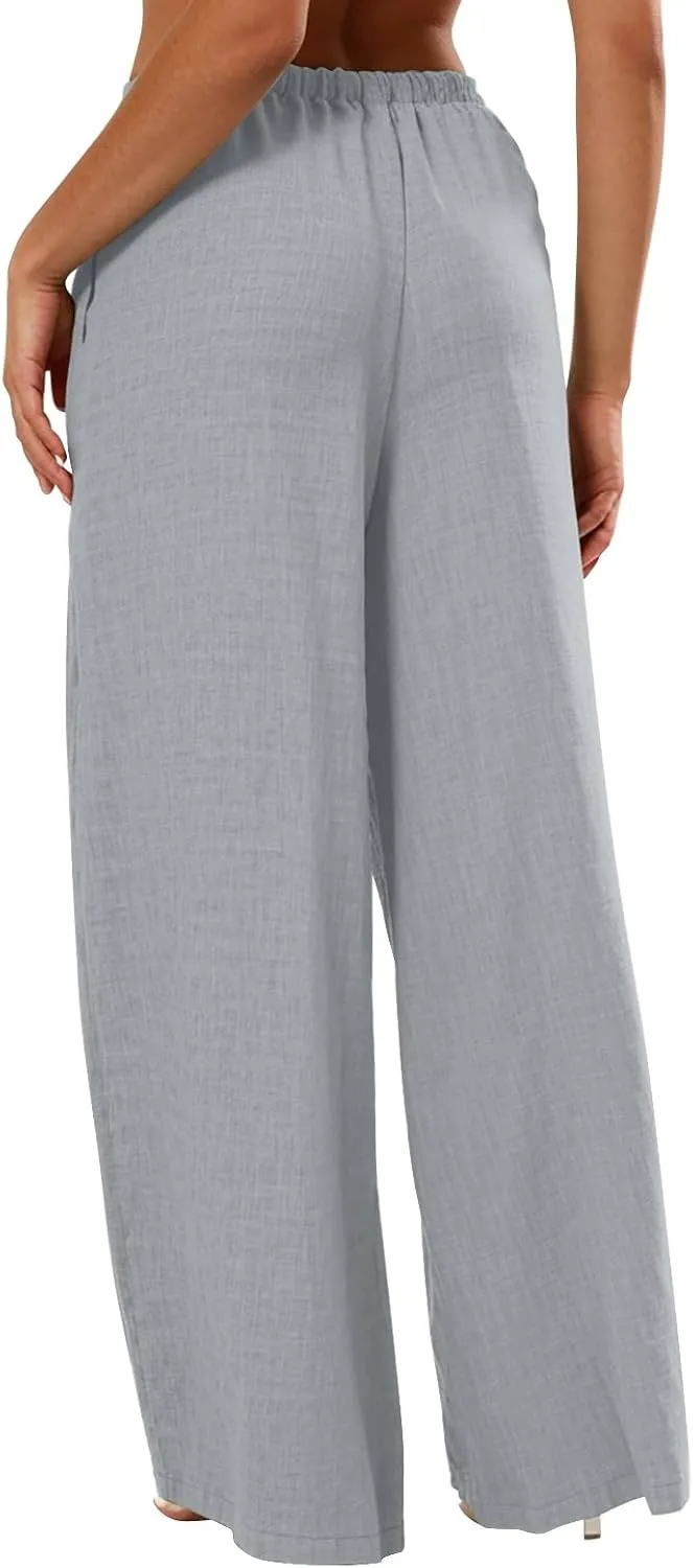 Dress Pants Women Flowy Trousers, Plus Size Pants for Curvy Women Wide Leg Summer Cargo Cotton Linen High Waisted