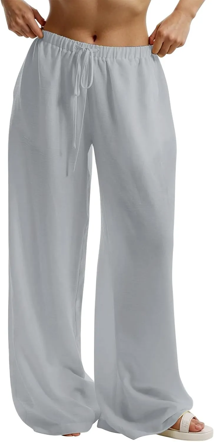 Dress Pants Women Flowy Trousers, Plus Size Pants for Curvy Women Wide Leg Summer Cargo Cotton Linen High Waisted